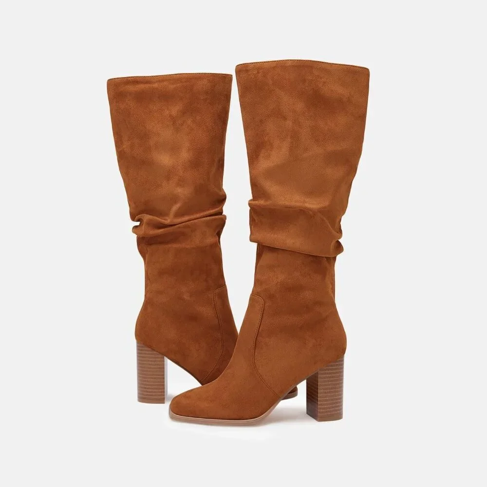 Women's Dark Brown Chunky High Heel Square Zipper Wide Calf Knee High Boots
